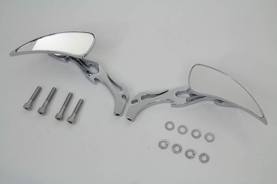 Chrome Tear Drop Mirror Set with Billet Flame Stems(SET)