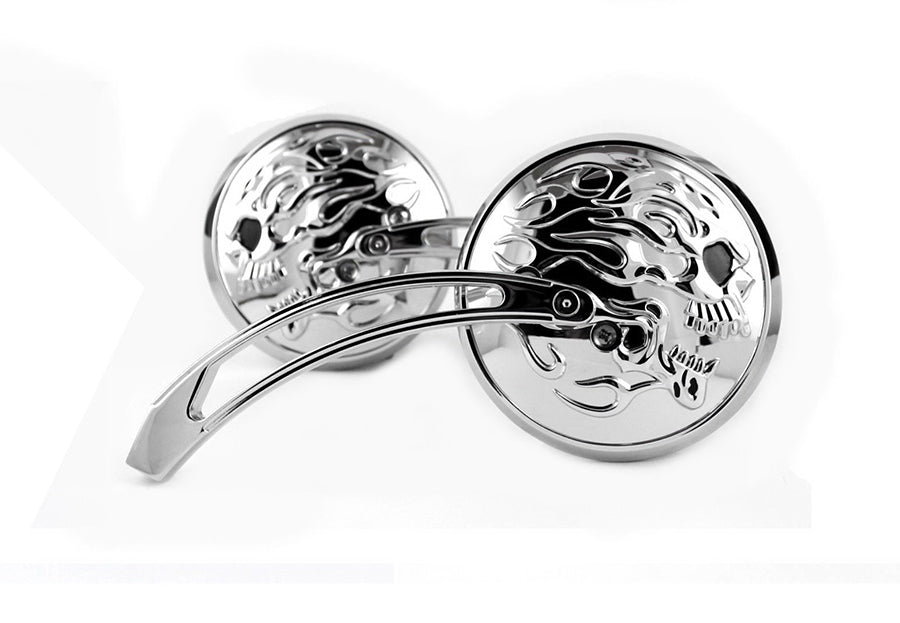 Round Skull and Flame Mirror Set with Curved Stems Chrome(SET)