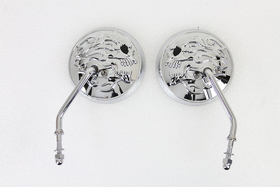 Round Skull and Flame Mirror Set with One Piece Stems Chrome(SET)