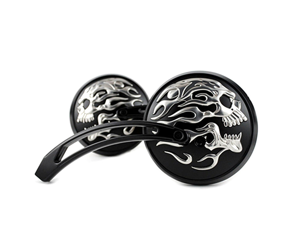 Round Skull and Flame Mirror Set with Curved Stems Black(SET)