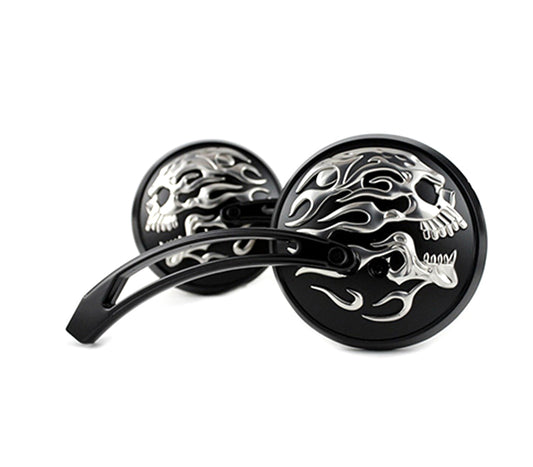 Round Skull and Flame Mirror Set with Curved Stems Black(SET)