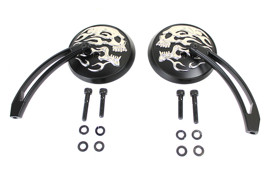 Round Skull and Flame Mirror Set with Curved Stems Black(SET)