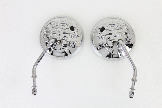 Round Skull and Flame Mirror Set with One Piece Stems Chrome(SET)
