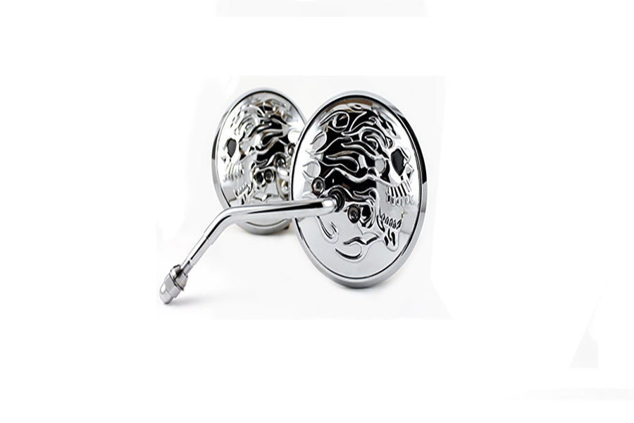 Round Skull and Flame Mirror Set with One Piece Stems Chrome(SET)